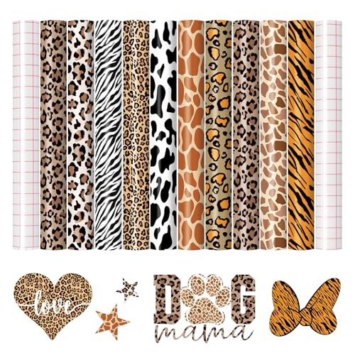 Image of HTVRONT Leopard Permanent Vinyl 10 Pack Compatible with Cricut Machines | Animal Pattern Permanent Vinyl Sheets, 12 inch X 10 inch, 2 Transfer Paper, Cheetah Cow Print Adhesive Sheets, For Crafting Projects