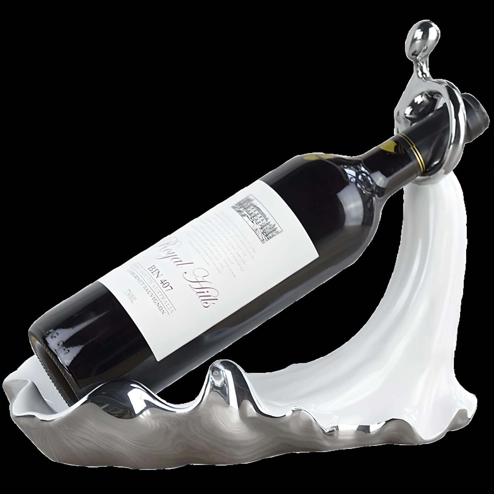 Dekoracyjny stojak na wino z białej ceramiki z szarymi metalicznymi detalami – nowoczesny design ze stylizowaną figurą – elegancki uchwyt na wino na stół, do kuchni, salonu lub na prezent – 30 x 15 x