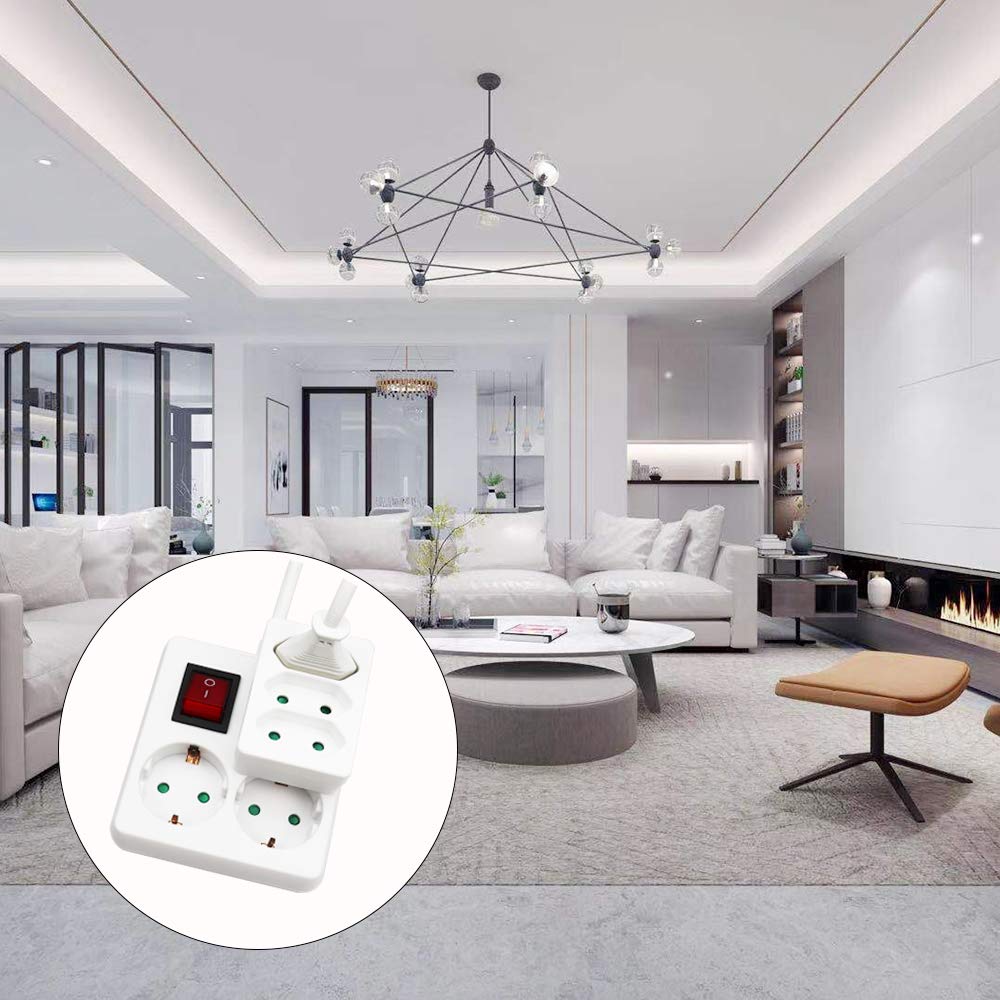 EXTRASTAR 3 en 1 Adaptador Plano con 3 Enchufes Schuko, 3 Tomas Adaptador, hasta Carge 2300W, 10A, 250V, Blanco, 2 pcs