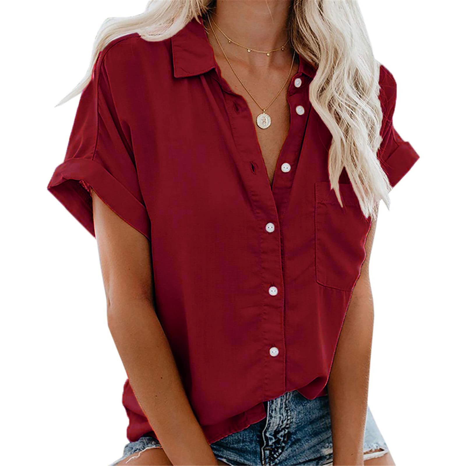 Xnova Camisa Manga Corta de Mujer Básica Blusa Botón Cuello en V Oversized Tops Sólido Essentials Shirt, Cuello con Solapa de Verano Camiseta con Bolsillo