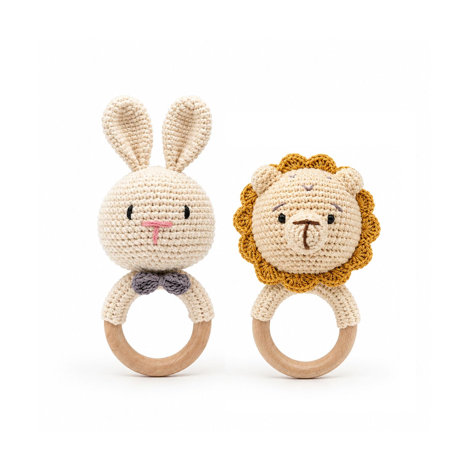 SYCAMORE EAST Baby Rattle for Newborn, Crochet Bunny Rattle Wood Toy Natural Wool, Music Shaker Rattle for Hand Grips, Boy Girl First Rattle Gift Lion+Rabbit 2 Pcs Combo-image-6