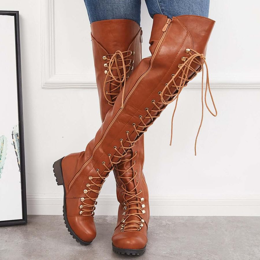Yishaweiqi Over The Knee High Boots Lace-up Flat Long Boot PU Leather Riding boot3