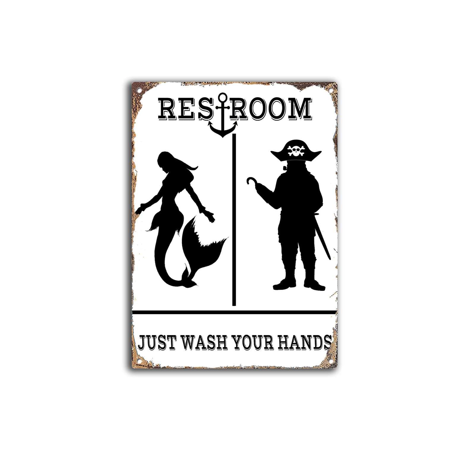 Tin Sign Mermaid Pirate Toilet Bathroom Sign Funny tin Sign Vintage Metal Sign Gift Bedroom Retro Novelty Cafe Store Tin Signs 5.5x8inch