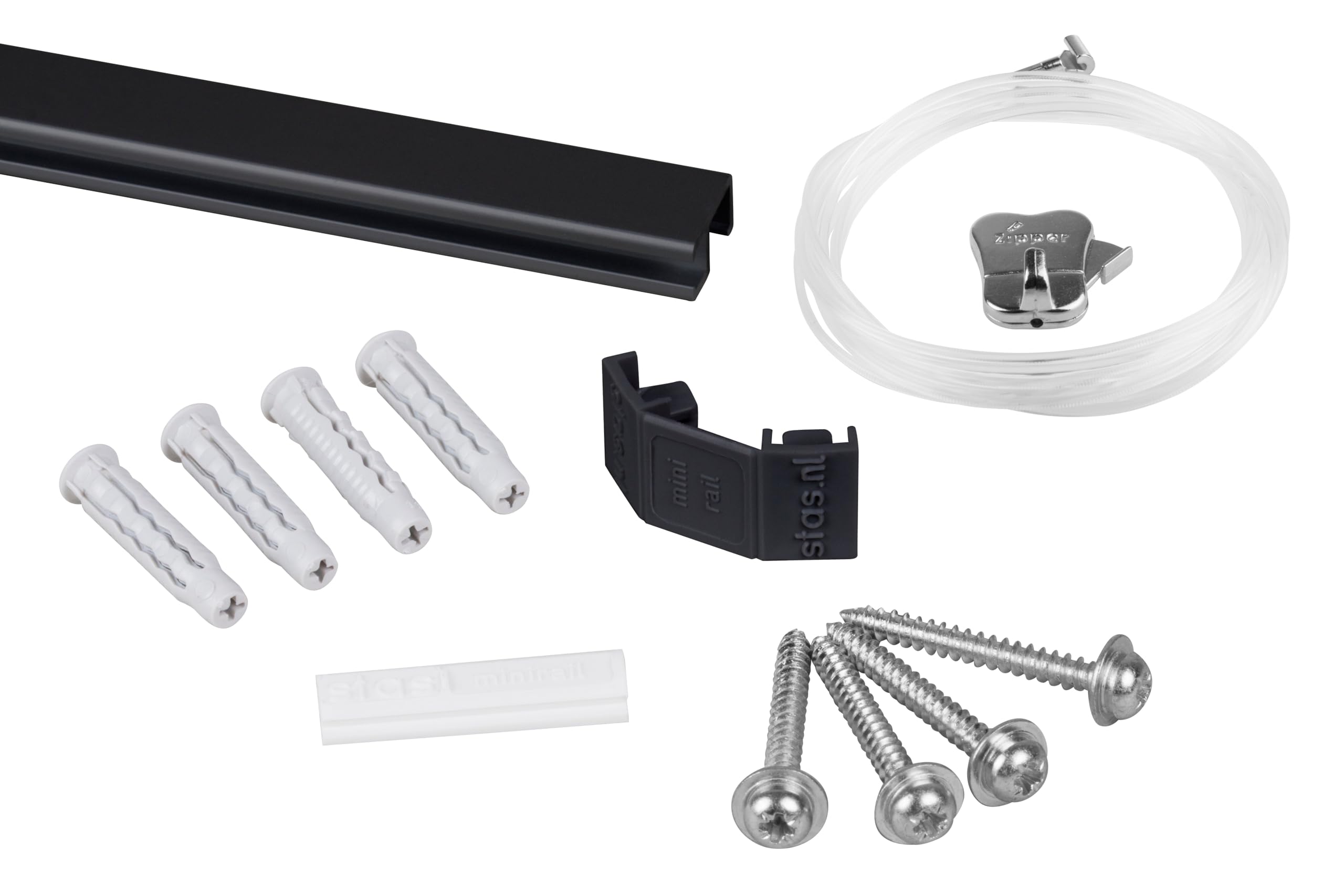 Binari per appendere quadri, Alluminio / 200cm (2x 100cm) STAS Minirail - Sistema per appendere quadri, Set completo con ganci e corde