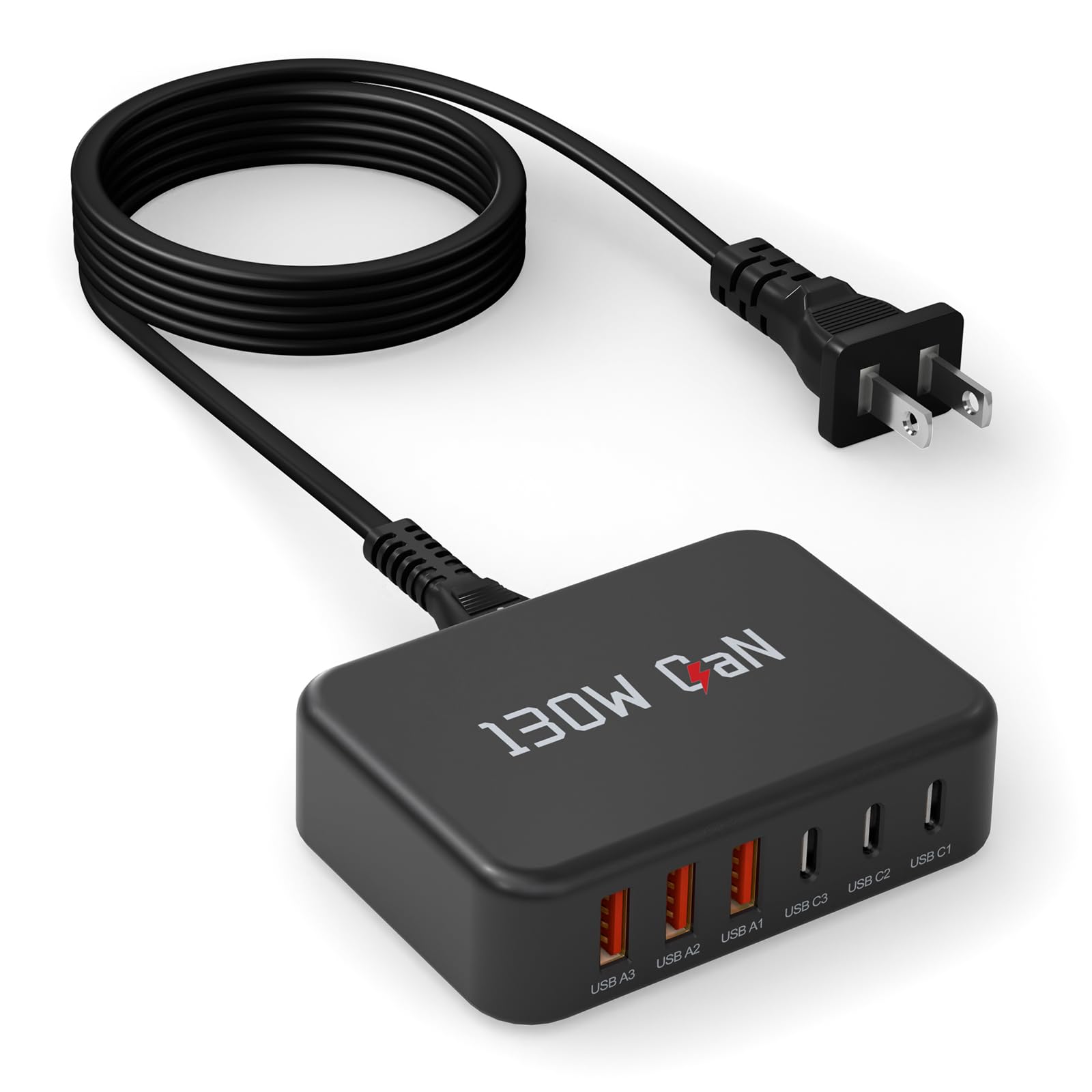 USB C Schnellladeblock, 130W 6 Port GaN Ladestation mit PPS Typ C Wandladegerät kompatibel mit Samsung Galaxy Z Flod7/Flip 7/Galaxy 23 Ultra/22+/21/,iPhone 16 15, 1,5 m Kabel, Schwarz