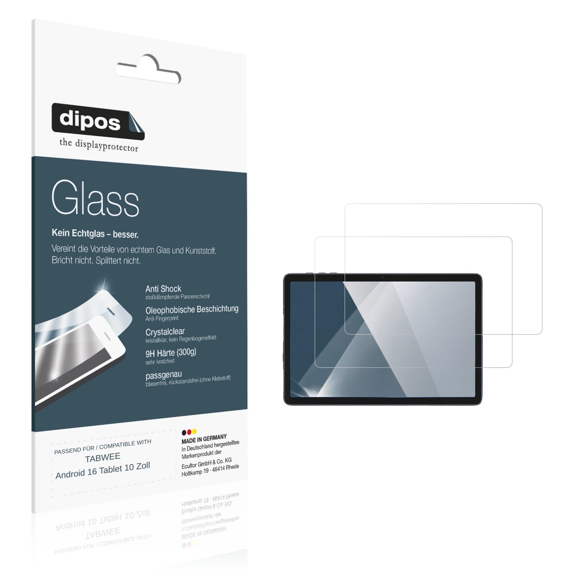 dipos 2x Film protection écran 9H pour TABWEE Android 16 Tablet 10 Zoll