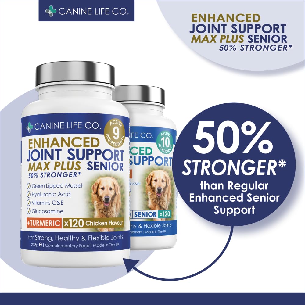 Senior MAX High Strength Dog Joint Supplements With Turmeric Glucosamine & Green Lipped Mussel For Older Stiffer Dogs Age 9+ 120 Chewable Tablets Made In UK - Image 2