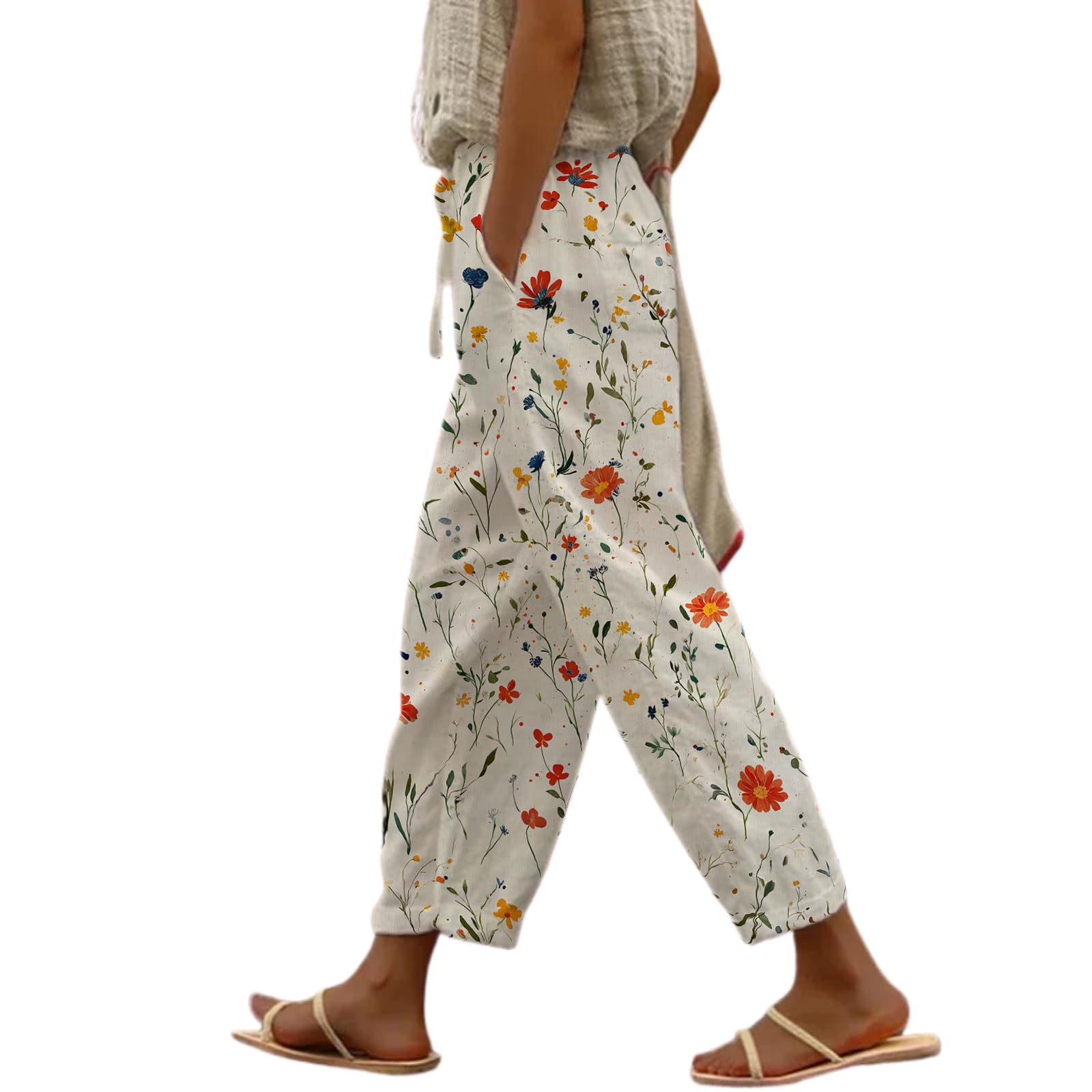 Boho Cotton Linen Pants for Womens 2025 Summer Casual Drawstring High Waisted Capri Pants with Pockets