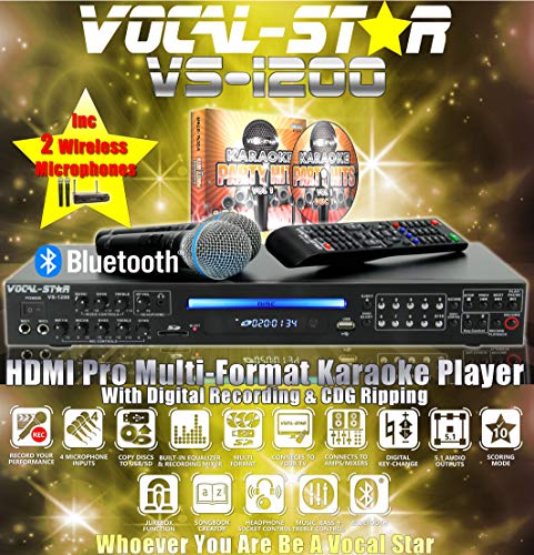 Vocal-Star VS=1200 HDMI Karaoke Machine With Bluetooth, Including 2 Wireless & 2 Wired Microphones and 150 Top Party Songs
