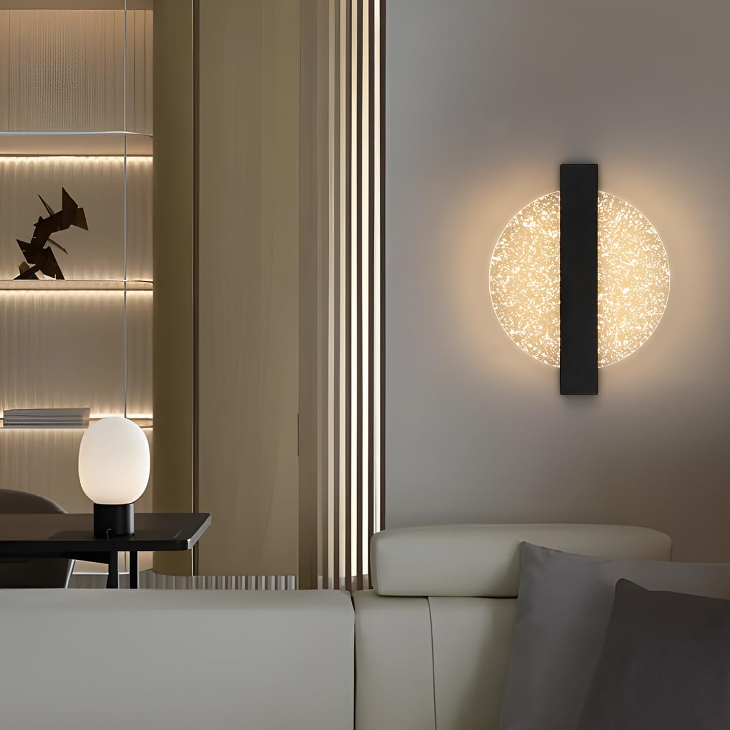 Comely Applique da Parete Interno LED, Nero 12W 1500LM Design Creativo Rotondato Lampada da Parete Moderno, Lampada Muro LED Interno per Camera da Letto Soggiorno Corridoio Scale,Bianco Caldo 3000K