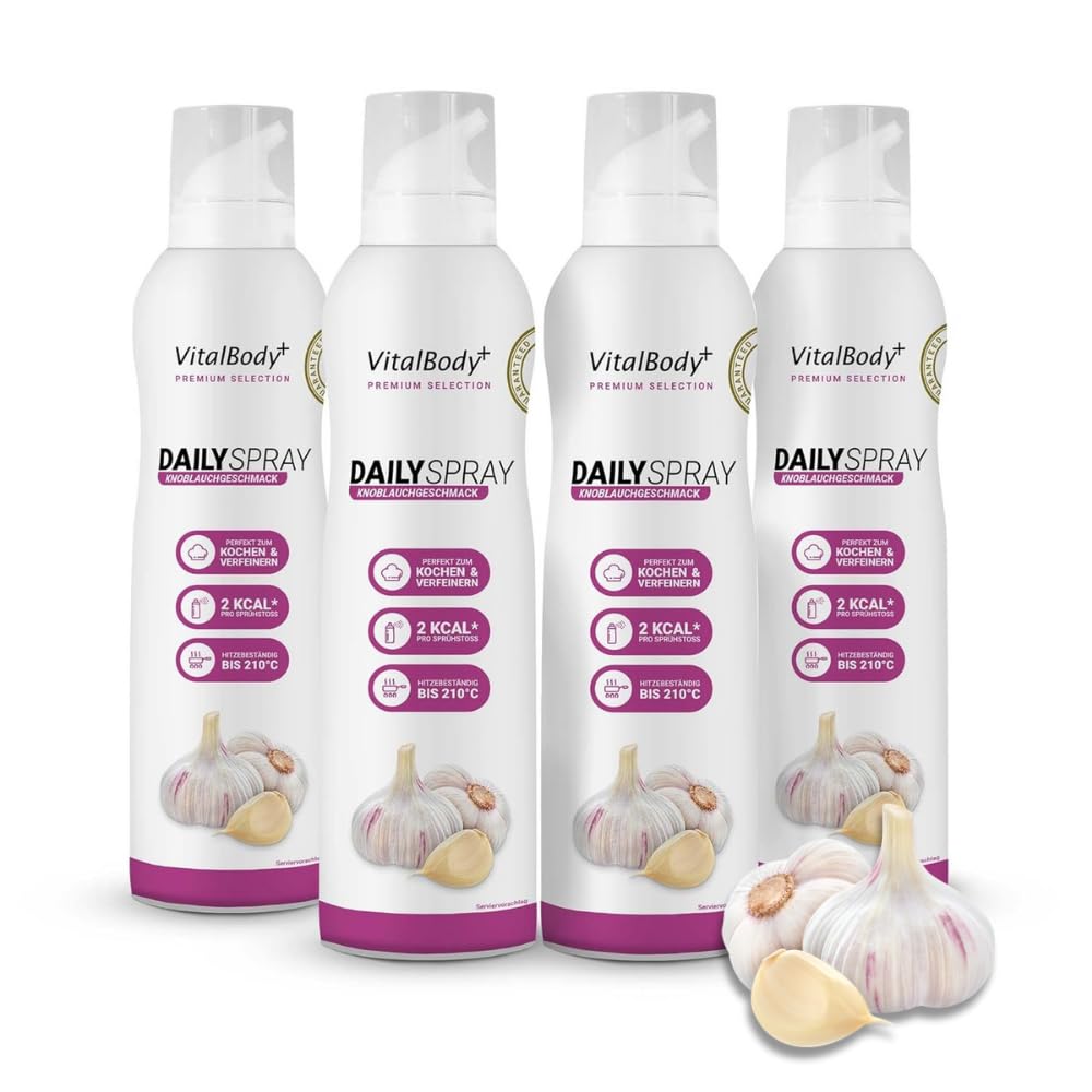 VitalBody+ DailySpray Rapsöl mit Knoblauchgeschmack – 2 kcal Ölspray für Airfryer, Braten & Grillen – Kalorienarm Kochen – Non-stick Cooking Spray, 3200 Portionen, 4er Pack