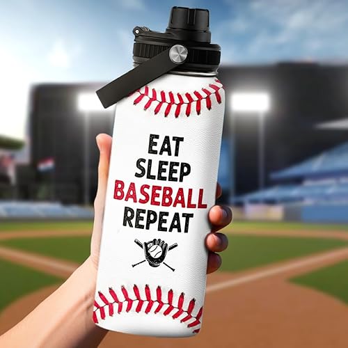 Miniatura 3 de Botella de agua de béisbol de 32 oz - Botellas deportivas de acero inoxidable aisladas con tapa - Regalo de béisbol para hombres, jugadores,
