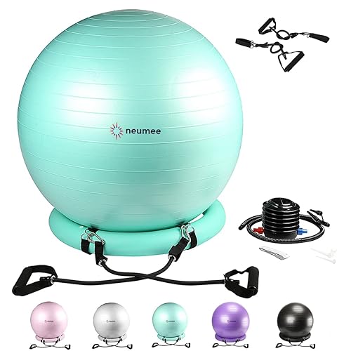 NEUMEE Exercise Ball Chair with Resistance Bands, Yoga Ball Office Chair with Stability Base for Home Gym, Workout Ball for Fitness, Large Size 65 cm - Teal
