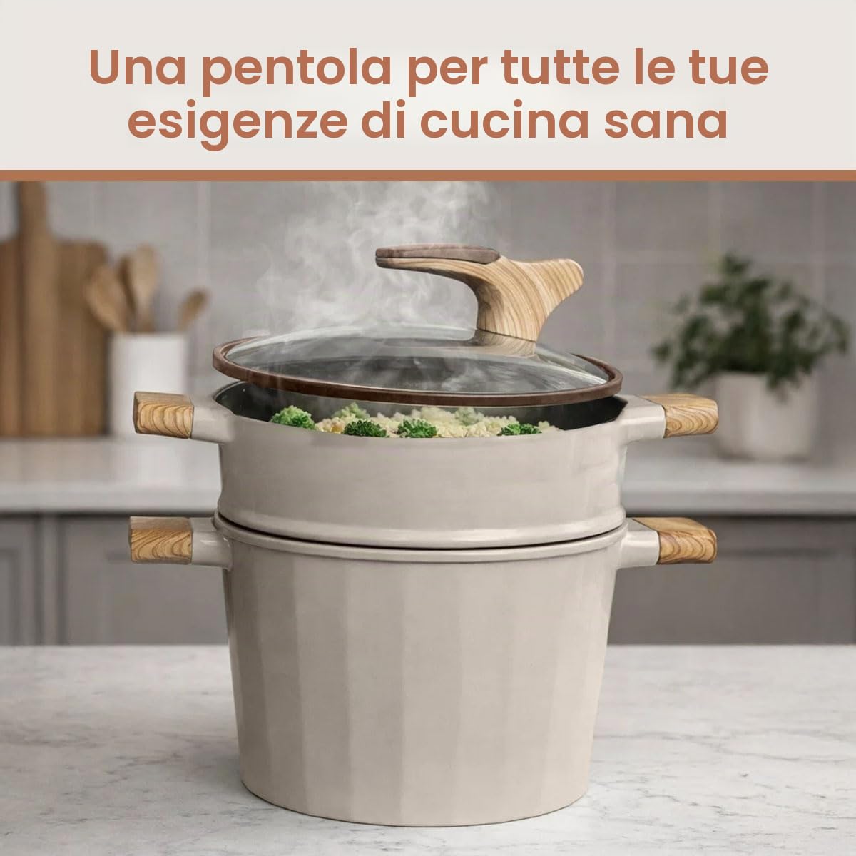 Royal Swiss Pentola per cuocere a vapore per cucinare in modo sano, 24 cm, in acciaio inox, con coperchio in vetro, manici in bambù, adatta a piani cottura a induzione, calore uniforme, facile da