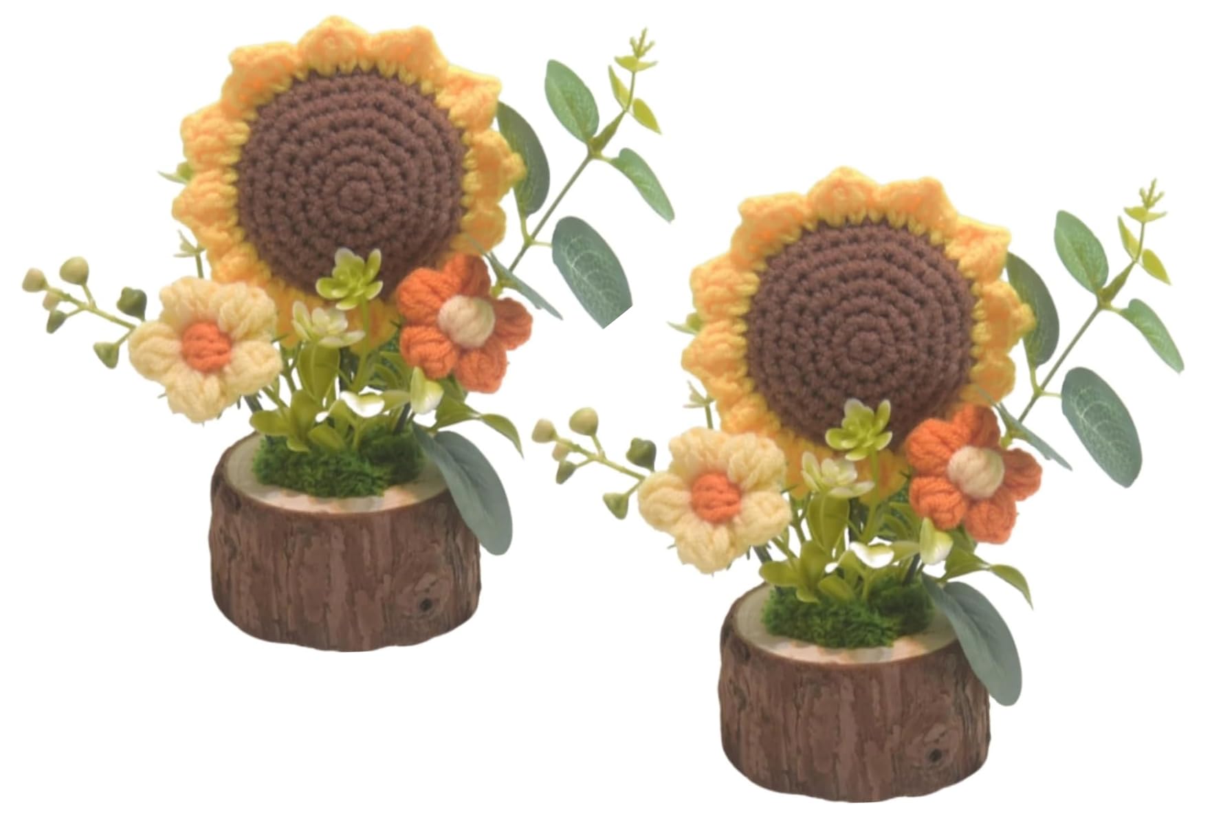 Hybursky 2 Pack Handmade Crochet Potted Sunflower Bouquet Creative Knitted Potted Plants Mini Cute for Home Office Desk Ornament and Gifts for Friends Lovers Classmates