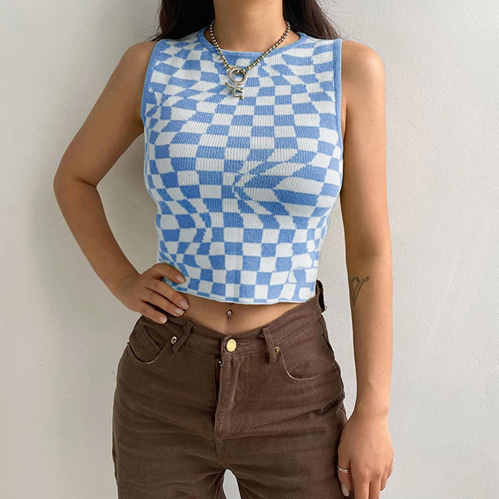 Women's Plaid Printed Sleeveless O Neck Camisole Harajuku Vintage Knitted Cropped Tank Top