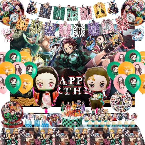 demon birthday party decorationsAnime theme party supplies Including banners balloons tablecloths dinner plates etc.