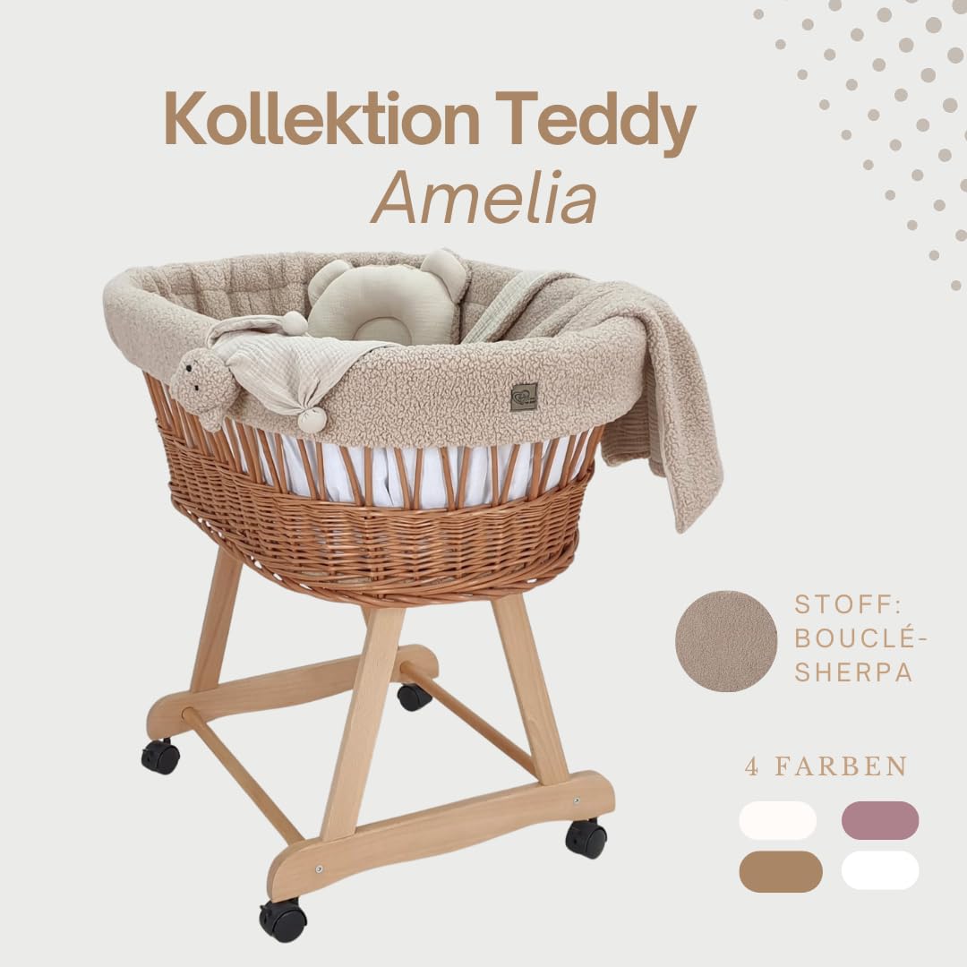 Łóżeczko dziecięce Amelia – naturalne ręcznie tkane Mojżesz ze stojakiem i materacem – 5-częściowy zestaw pościeli Teddy Beż – przenośny wózek na kółkach – idealny dla noworodków