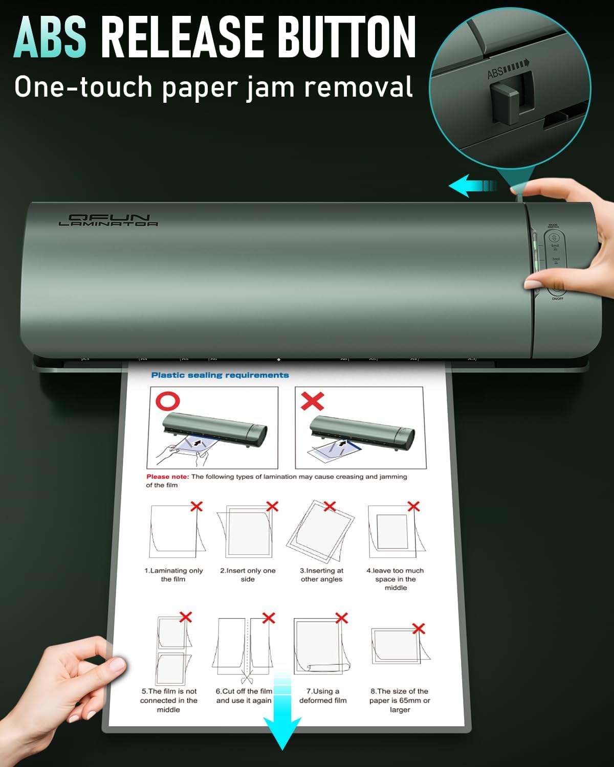Qfun Laminator A3 z 30 arkuszami do laminowania A3 A4 A5 A6, 9 w 1 szybkie nagrzewanie laminator, gorąca i zimna laminator z obcinaczem i zaokrąglaczem do biura szkoły domowej