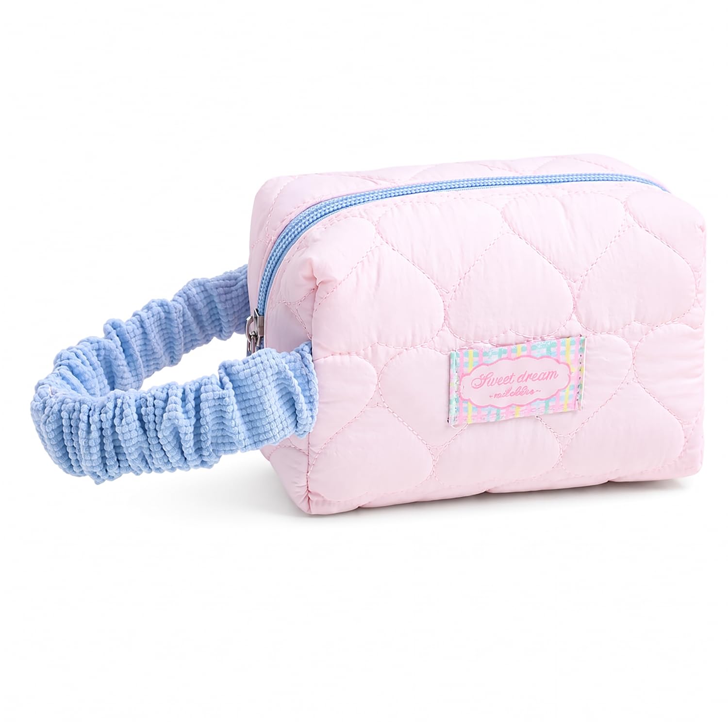 Korean Quilted Makeup Bag for Women, Heart Pattern Cosmetic Travel Pouch with Wrist Strap (Pink)-image-42