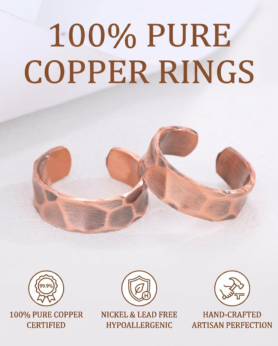 BioMag 100% Reiner Kupferring aus reinem Kupfer für Damen & Herren – 2er-Pack (Kupferringe) – Massives Rohkupfer, unbeschichtet, handgefertigt, verstellbares offenes Design