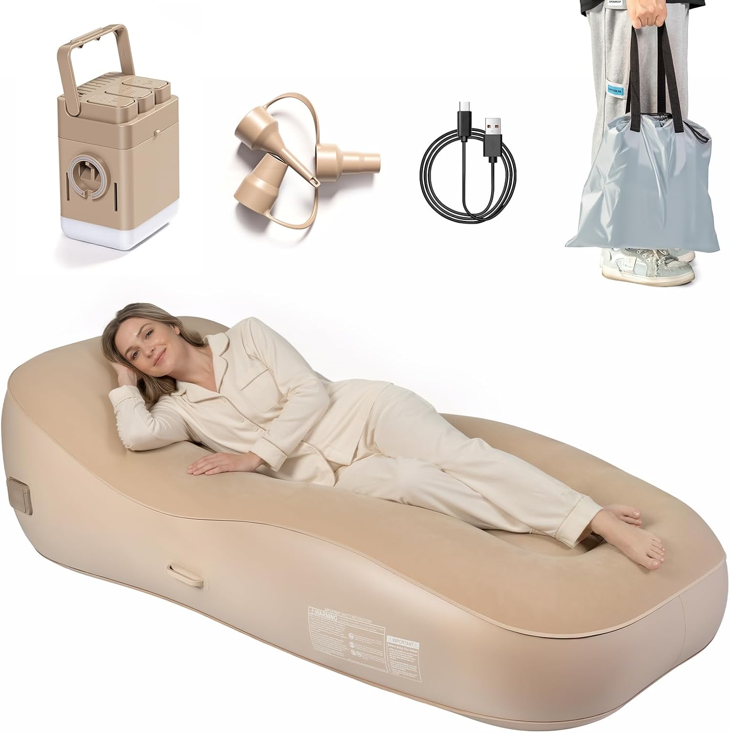 Inflatable Couch with Built-in Pump & Camping Lighting, Portable Air Sofa, Blow Up Lounger, Self-Inflating Lounge Chair for Camping, Beach, Traveling, Hiking