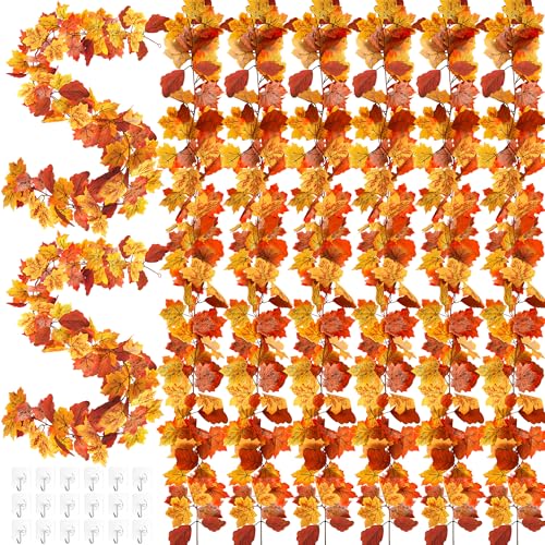 8Pcs Autumn Leaves Garland, 47.2 FT Hanging Fall Garland with 16 Hooks Artificial Fall Outdoor Garlands, Fall Decorations for Home Thanksgiving Halloween Decor Wedding Party Fireplace Mantle