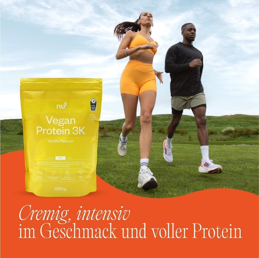nu3 vegan Protein 3K Vanille 1 kg - Protein-Powder, pflanzlich, laktosefrei, ohne Soja, zuckerarm, gelatinefrei, aspartamfrei, cremig, Eiweißpulver für Muskelaufbau, Training & Alltag - 3x1000 g