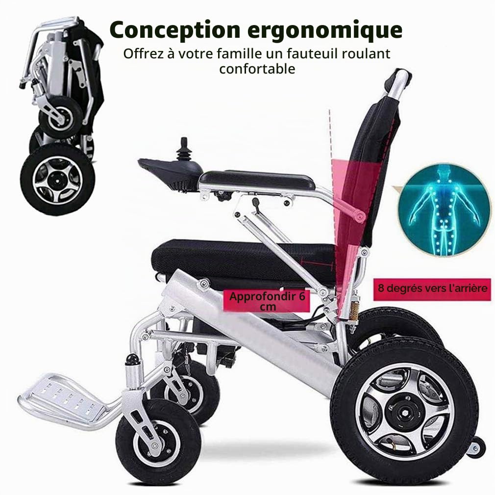 GGD – Fauteuil roulant électrique portable, pliable, léger, compact et puissant avec double moteur, aide à la mobilité, pèse seulement 26 kg, supporte 130 kg, argenté