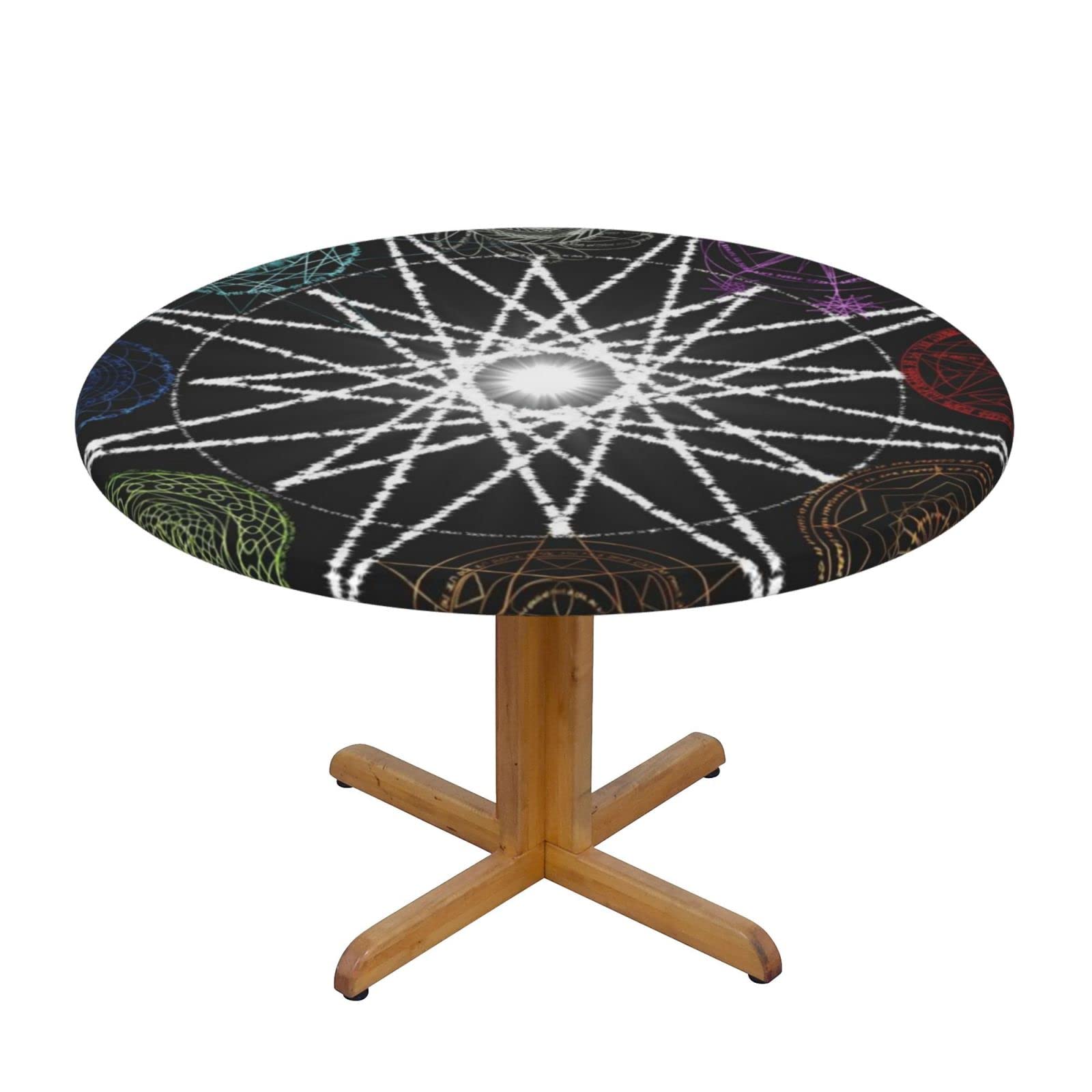 Lsjuee Round Fitted Tablecloth 45-50in Elastic Edged Table Cloth for Kitchen Dining Party Home Decor - Occult Magic Symbol Black