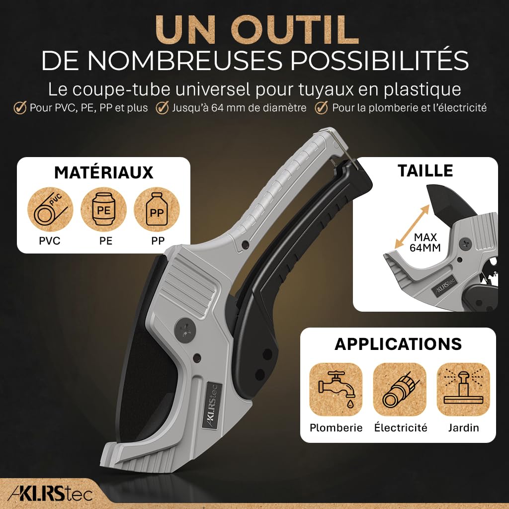 KLRStec Coupe-tubes professionnel en PVC ProSlice 6400 (64 mm / 2-1/2") Coupe-tube Professionnel à Cliquet – Inclut Lame de Rechange et Étui Nylon avec Clip Ceinture