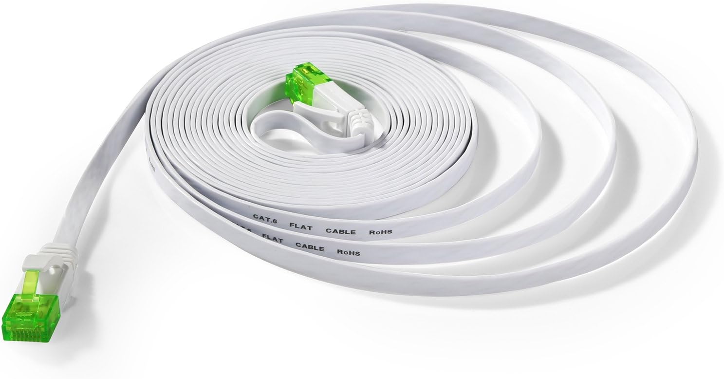 Hexagon Network - Ethernet Cable Cat6 Flat 15ft White, Network Cable Cat 6 Flat Slim Ethernet Patch Cable, Internet Cable With Snagless Green RJ45 Connectors - 15 Feet White