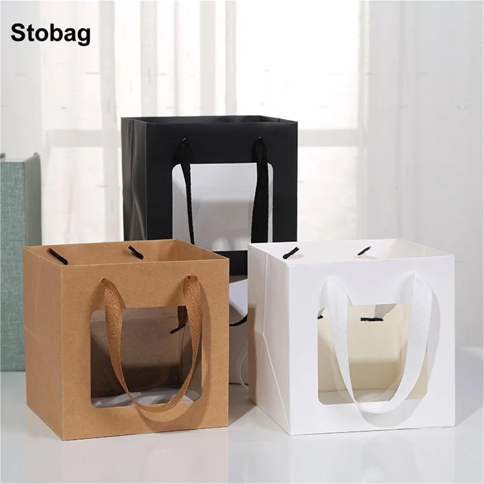 papiertüten 12 Stück Kraftpapiertüten | Verpackung Farbe Handtasche Kuchen Aufbewahrung wiederverwendbarer Beutel mit Fenster(Kraft paper,25x25x25cm)