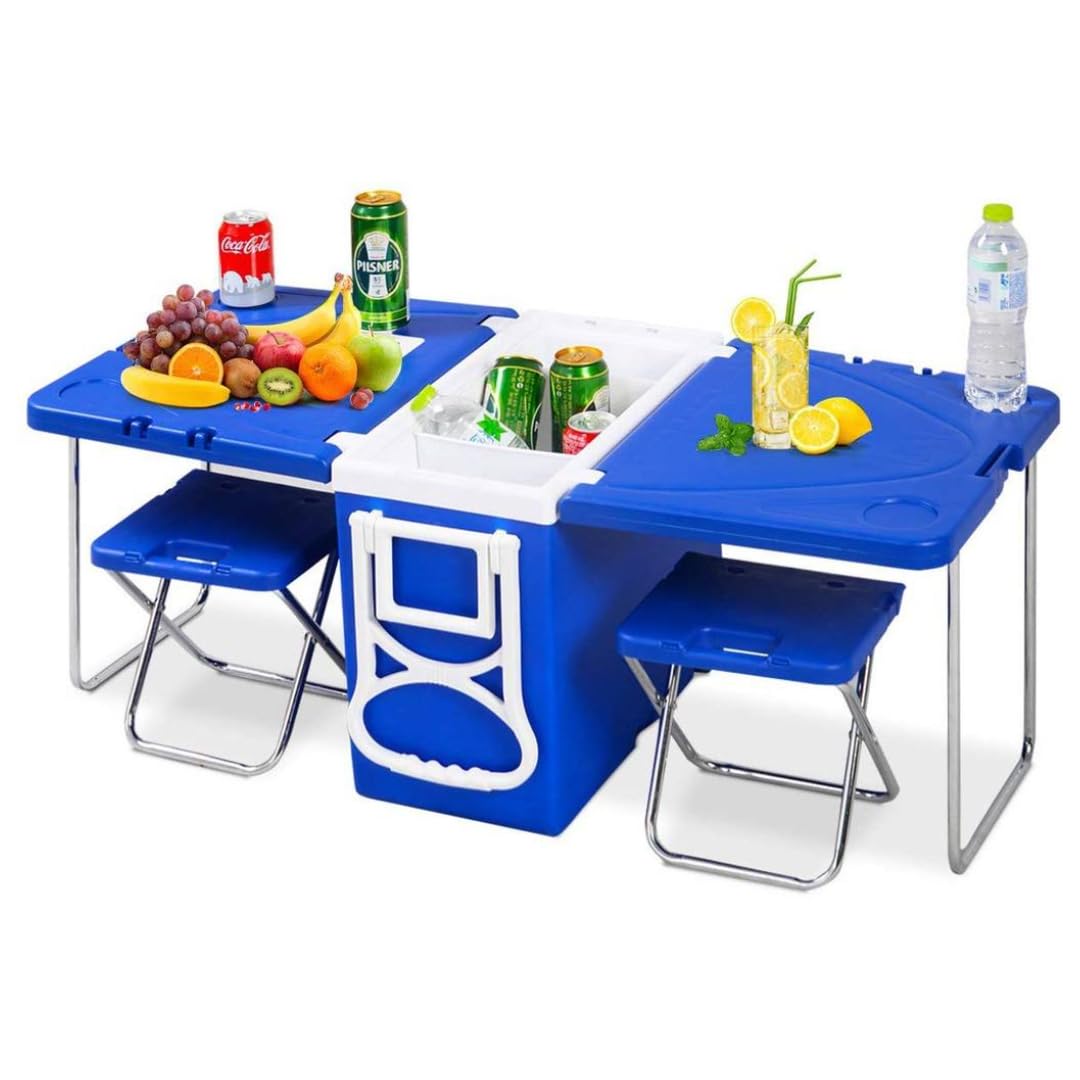 Generico Tavolo Picnic Pieghevole con Frigo 28 L e 2 Sgabelli | Richiudibile