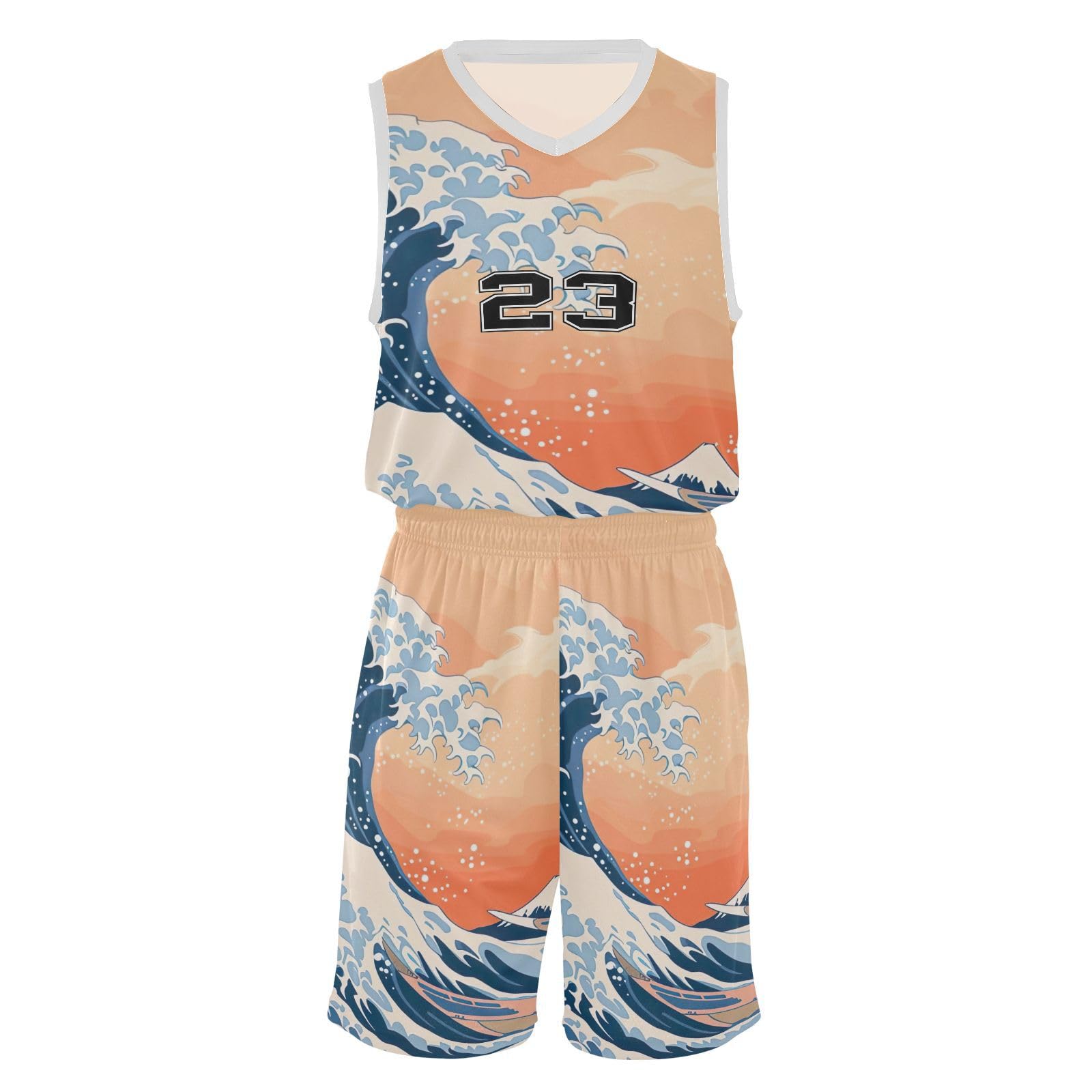 FLildon Japanese Sea Wave Boys Basketball Jersey Set Tank Top Shorts Tracksuit Sport Training Suit for Kids, XL