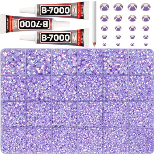 32000Pcs Lavender Rhinestones for Bedazzling Assorted Sizes 2 3 4 5 6mm Flatback Gems Bedazzler Kit with B7000 Glue Resin Flat Back Diamond Gemstone Jewel Stone Crystal for Crafting Crafts
