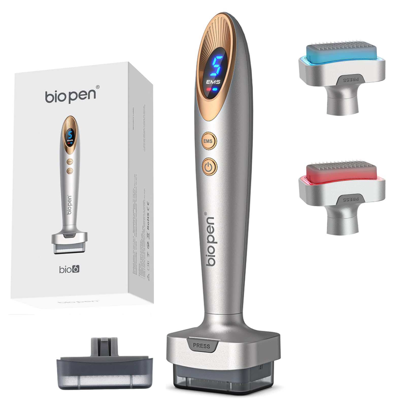 bio 6 Derma Stamp Elektrisch Upgrade 2026 | 4-in-1 Dermastamp Microneedling für Gesicht & Kopfhaut, 140 Pins, Rot & Blau LED Lichtpflege, sanfte Massage | inkl. 2 Aufsätze: 0,5 mm(Graugold)