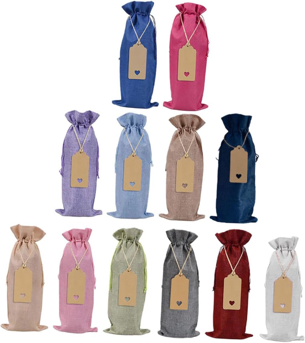 BESTonZON Burlap Wine Bottle Cover Drawstring Bags with Kraft Paper Tags, 12-color Assortment for Party Decoration and Wine Packaging Random Color