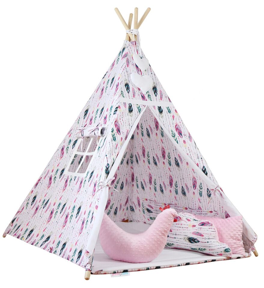 BABYMAM Children's Teepee Tent 160x120 cm Cotton Kids Play Tent Wooden Poles Quilted Floor Mat Easy Assembly (Little Indian)