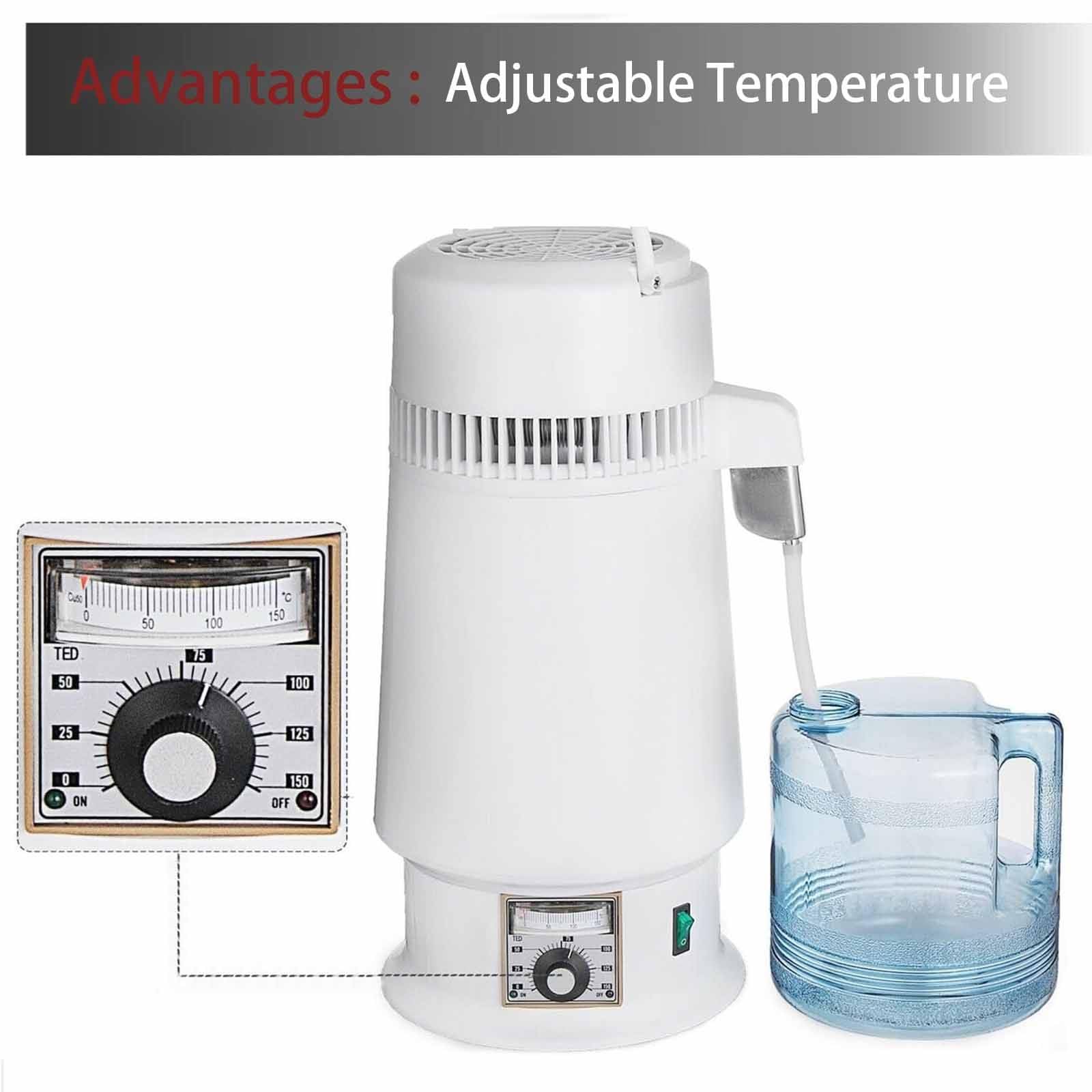 Destilador de agua de 750 W, 4 L, de acero inoxidable, con recipiente para uso doméstico, laboratorios y hospitales. Interior de acero inoxidable que destila agua pura