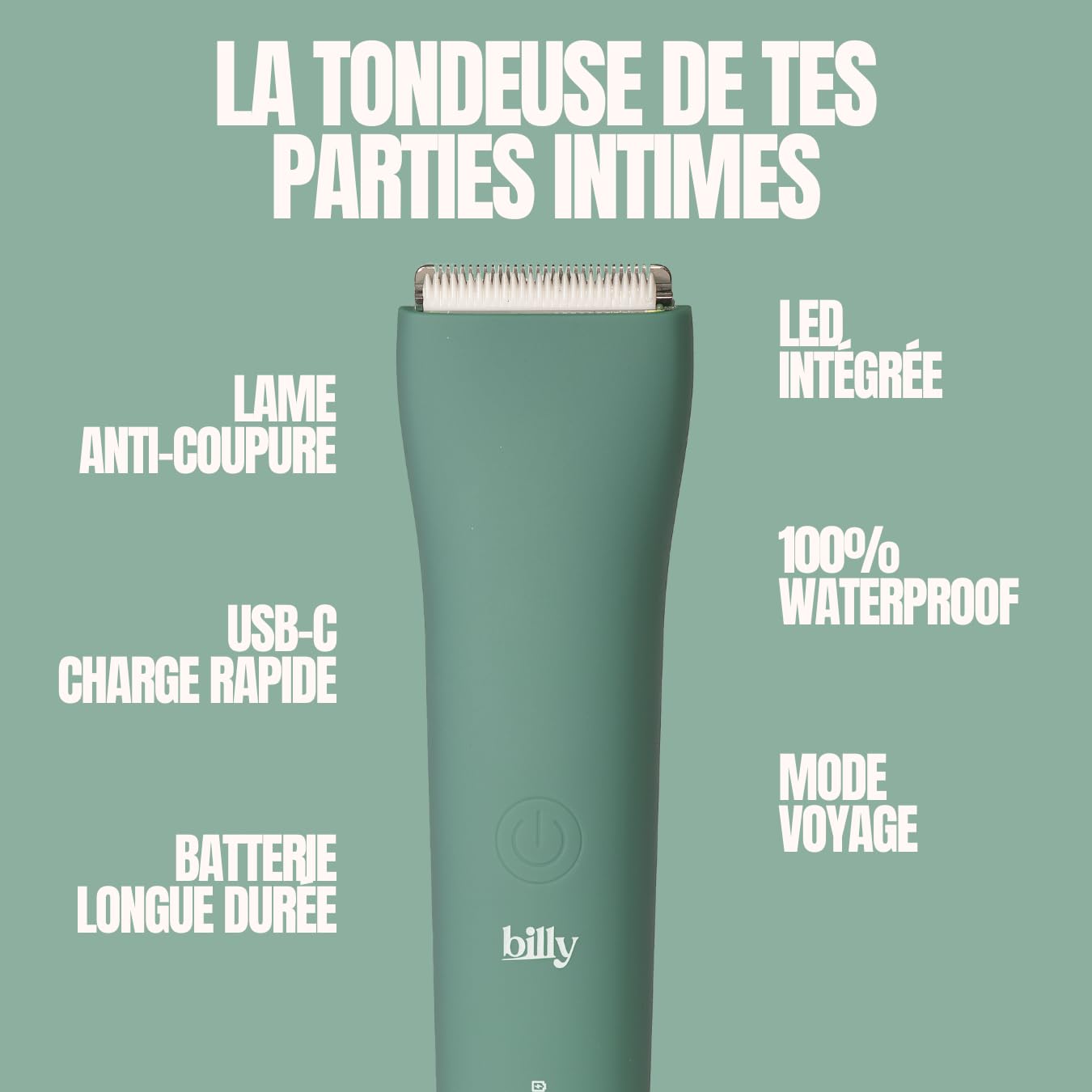 billy - LA tondeuse Intime Anti-Coupure Zones Sensibles et Intimes Homme/Femme - Lame Céramique Anti Coupure - Waterproof - 5 Hauteurs (0,3,6,9,12mm) - LED Intégrée - USB-C - Poils pubiens (Vert)