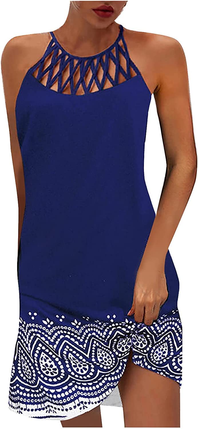 LOVESHOOT Summer Dresses for Women 2026 Casual Floral Hollow Out Halter Neck A-line Sundress for Beach Vacation with Pockets