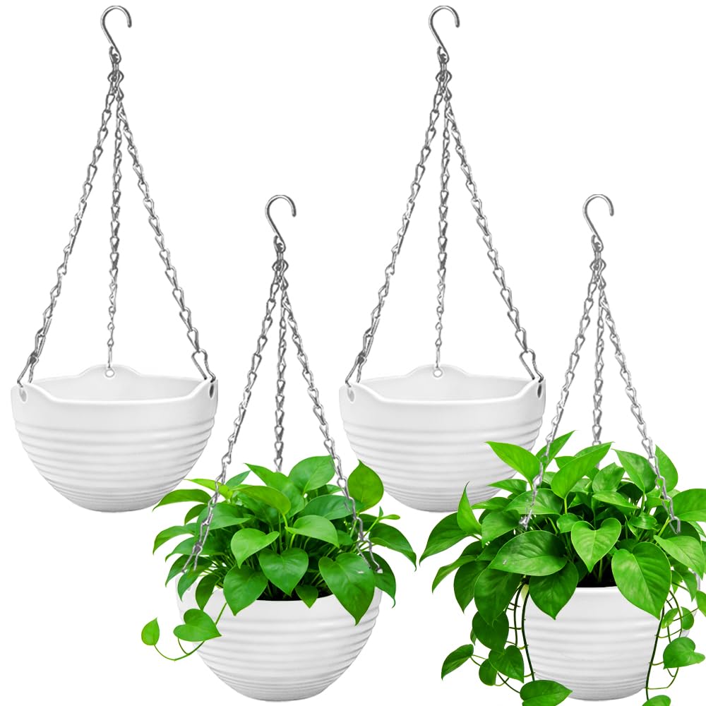 4 Pack 8 inch Hanging Planter Pots,Self-Watering Round Hanging Basket with Water Tray Metal Chain,Succulent Flower Plant Pot Container for Indoor Outdoor Garden Balcony Wall Decor,White