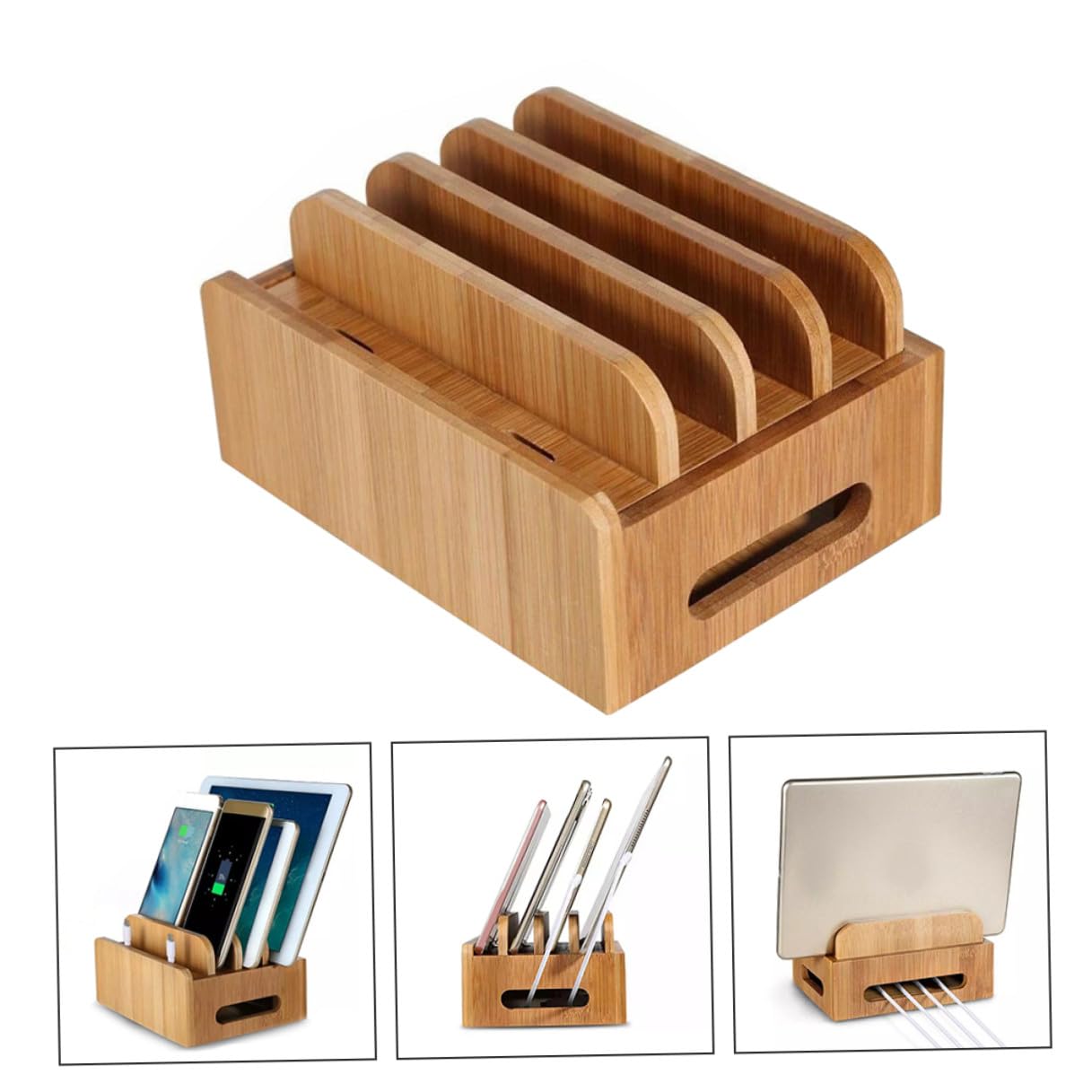 DOITOOL Supporto Caricabatterie USB in Legno per Telefono e Tablet Stazione Ricarica Multi-dispositivo con Organizzatore da Scrivania Elegante Porta Cellulare con Tre Bracci per Spazio