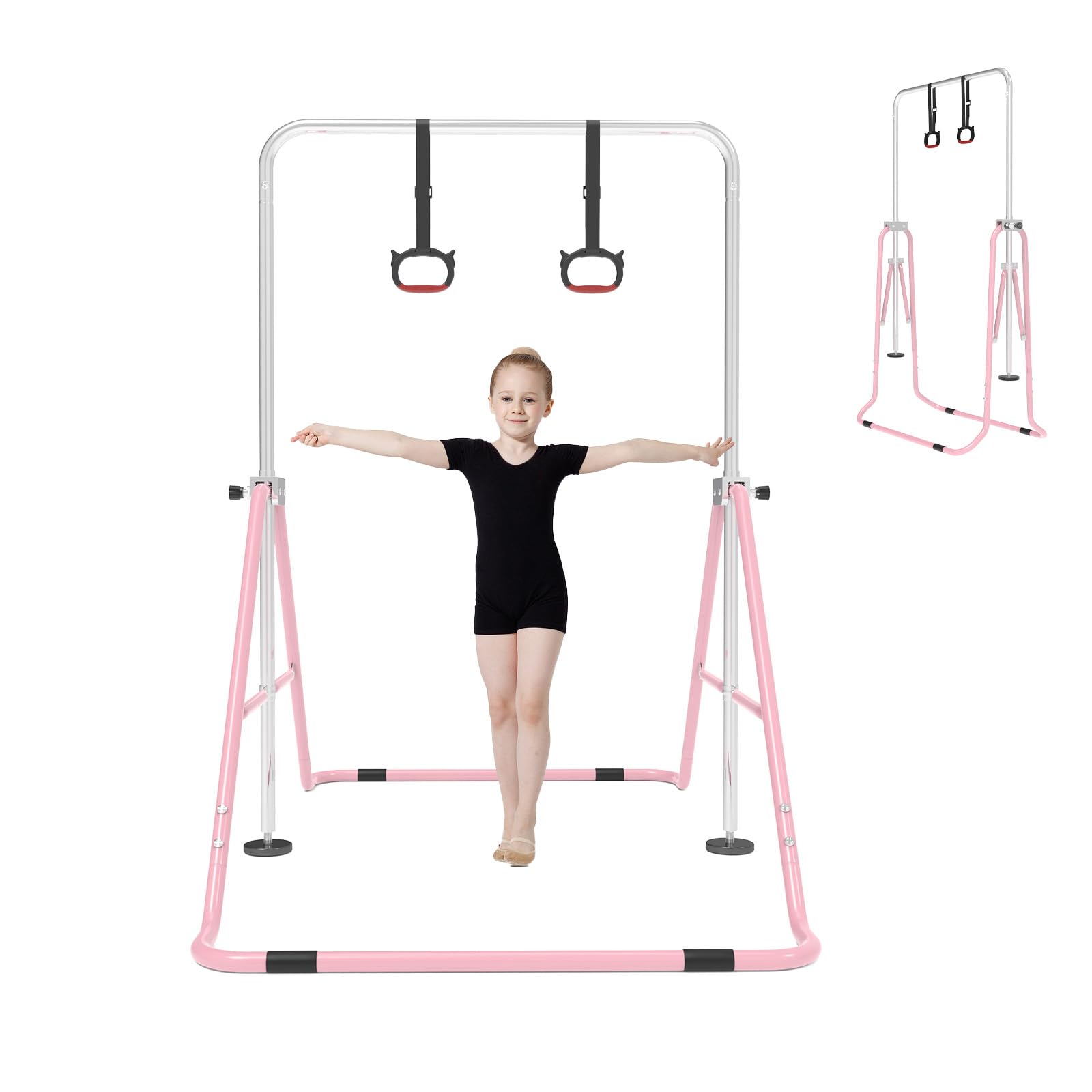 Barra de Gimnasia para Niños, Altura Ajustable y Plegable – con Anillos, Barra Horizontal para Interior, Equipo de Entrenamiento en Casa para Niñas y Niños
