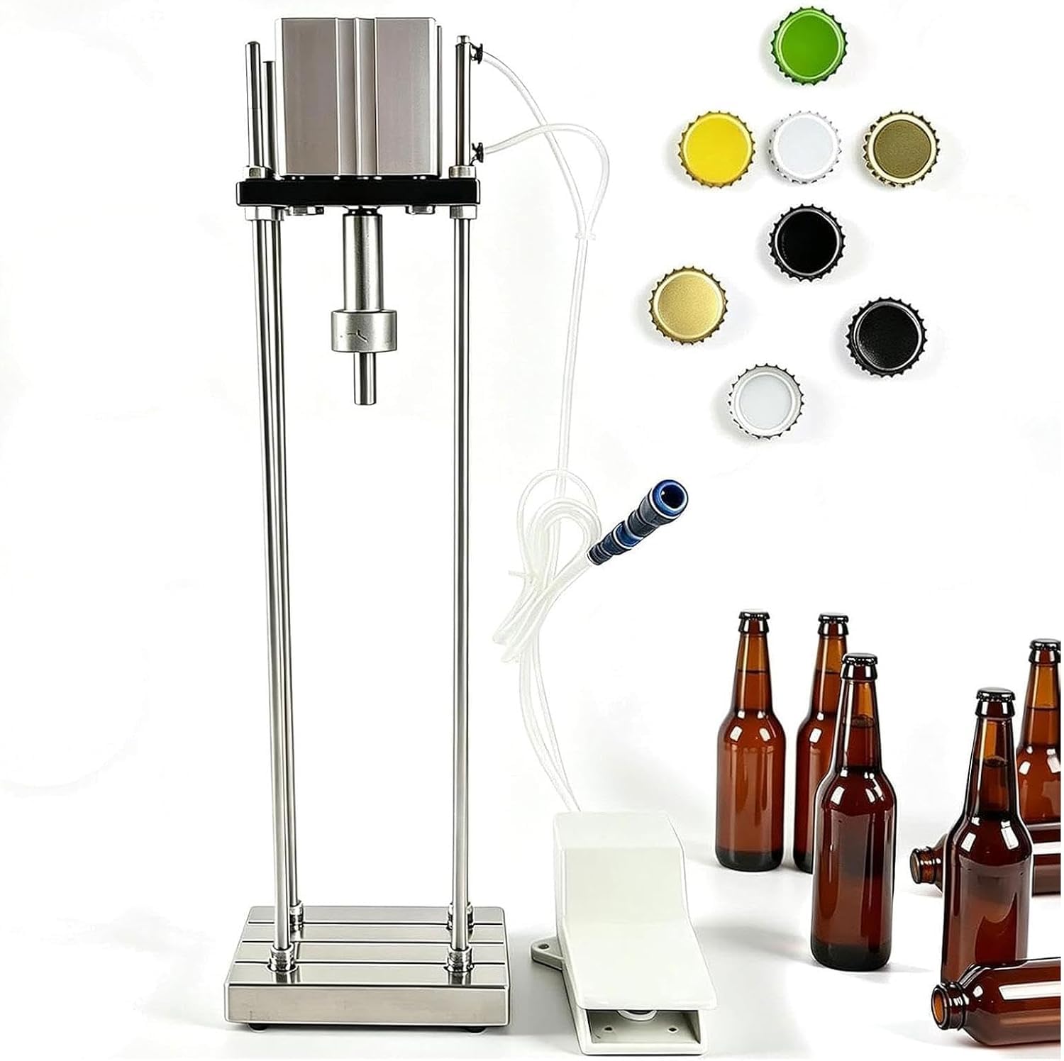 Tappatrice pneumatica per tappi a corona da 26 mm, altezza regolabile