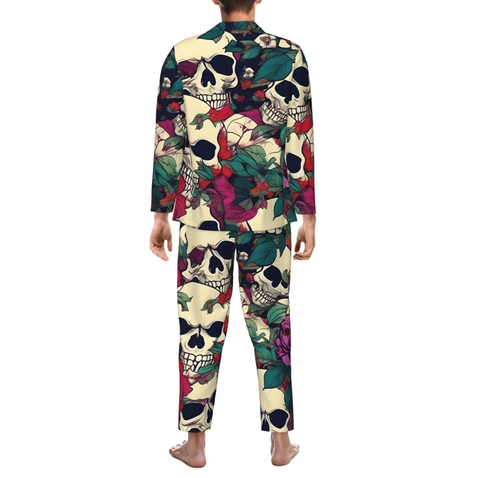 Langärmeliges Pyjama-Set für Herren, mit Blumenmuster, Totenköpfe, zweiteilig, bequem, Nachtwäsche