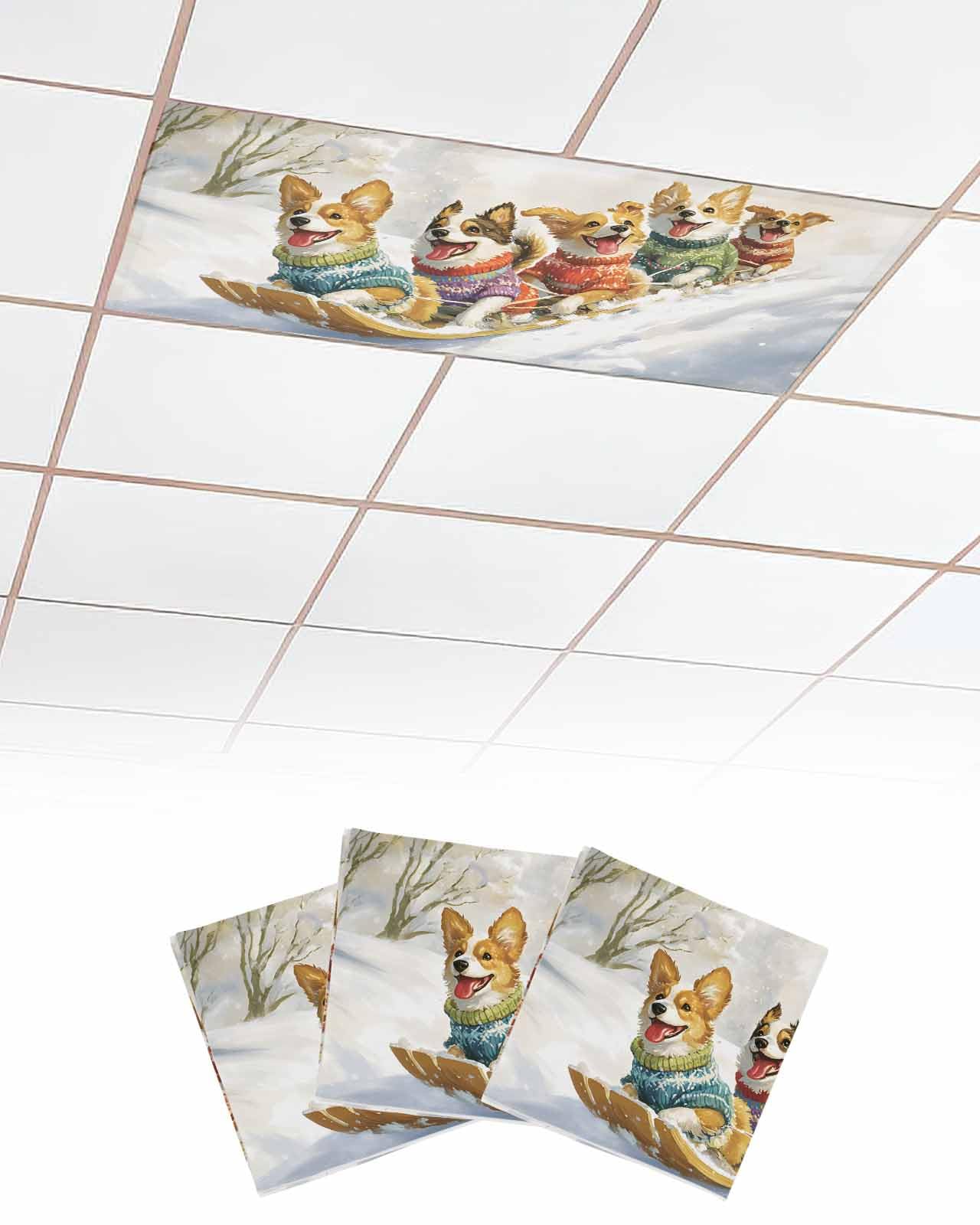 Winter 3 Pcs Fluorescent Light Covers for Ceiling Lights, Christmas Animal Dog Sleigh Snow Scene Magnetic Light Filters for Eliminate Harsh Glare Classroom Office Decoration, 4 x 2 Ft