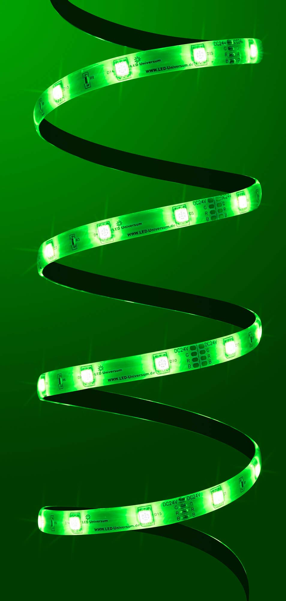 10 metros en la pieza con mando a distancia: tira LED RGB profesional (30 LED/m, IP65, 24 V), controlador y fuente de alimentación de 3 A.