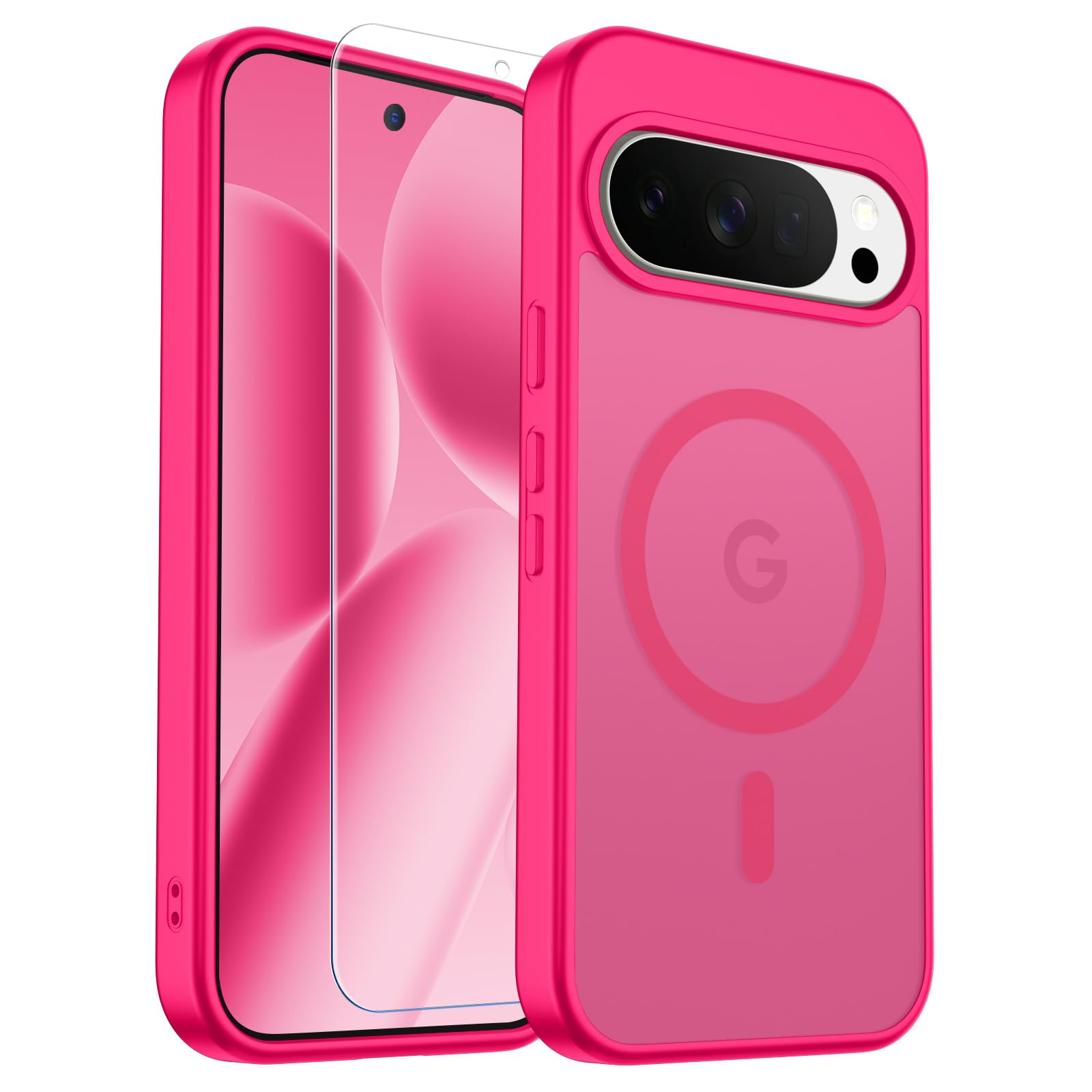 SUPFINE Magnetic for Google Pixel 10 Pro XL Case with Screen Protector, (Built-in Magnets) ((Military Grade Drop Protection) Slim Translucent Shockproof Phone Case,Hot Pink